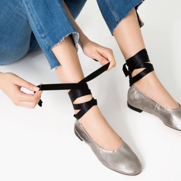 Zara Shoes - Zara Silver Genuine Leather Tie Ballet Flats